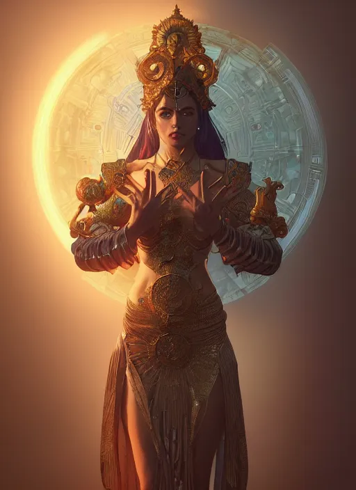 Image similar to Divine cosmic female power, glyphs, magic, artstation, high contrast, dramatic lighting, cgsociety, very detailed, intricate, detailed illustration, by artgerm and greg rutkowski and alphonse mucha, octane render, unreal engine, hyperrealism