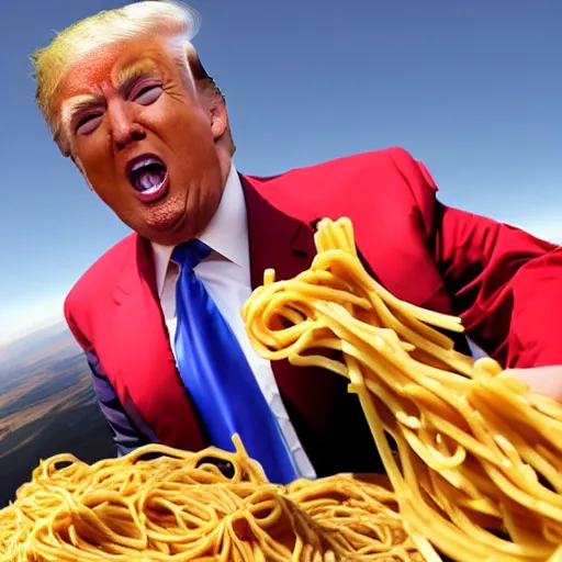 Prompt: Donald trump skydiving while eating spaghetti