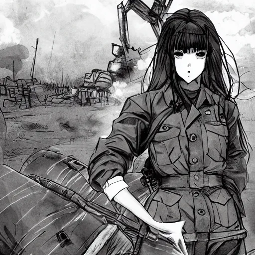 Image similar to manga style, black inking, modern warfare, portrait of a girl under artillery fire, trench sandbags in background, soldier clothing, long hair, hair down, symmetrical facial features, comic page, trending pixiv, black shadow patterns, by akihito yoshitomi, cushart kenz