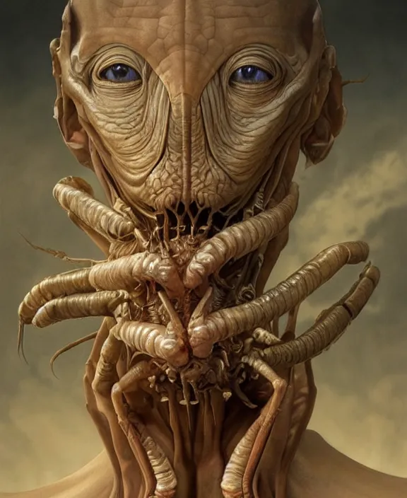 Image similar to intricate earth - toned portrait of a disturbing terrifying alien insect creature, mottling coloring, adorable, childlike, medical equipment hospital environment, ultra realistic, concept art, art nouveau, photorealistic, octane render, 8 k, unreal engine. art by christopher marley and artgerm and greg rutkowski and alphonse mucha