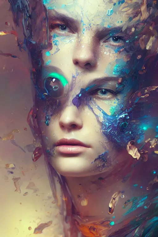 Image similar to face closeup of beautiful girl in intricate detailed color smashing fluid oilpaint, 3 d render, hyper realistic detailed portrait, color leaves, ruan jia, wlop. scifi, fantasy, hyper detailed, octane render, concept art, by peter mohrbacher, by wlop, by ruan jia