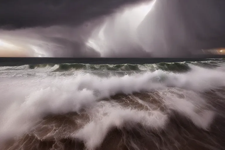 Prompt: beautiful landscape photography by marc adamus, scotland shore, big waves crashing, dramatic lighting, storm