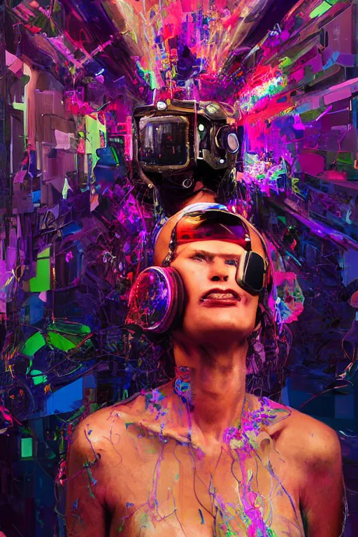 Image similar to portrait, headshot, digital painting, an delightfully crazy, wholesome techno - shaman lady, vr headset, psychodelic, synthwave, glitch, fracture, realistic, hyperdetailed, chiaroscuro, concept art, art by john berkey