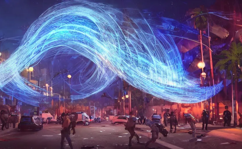 Prompt: people with posters attacking cops in front a huge blue spiral - shaped bright white luminous attractor that is floating and stores in los angeles with light screens all over the street, concept art, art for the game, professional lighting, night lighting from streetlights