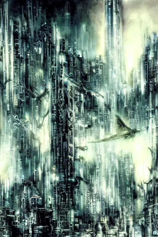 Image similar to dreamwave cyberpunk city, painted by luis royo