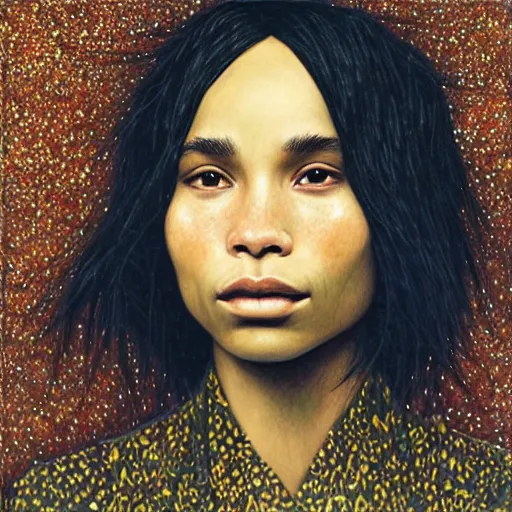 Prompt: “ zoe kravitz portrait by ikenaga yasunari and ayana otake and ko rakusui, drawing, realistic, sharp focus, japanese, dreamy, nostalgia, faded, golden hues, floral clothes ”