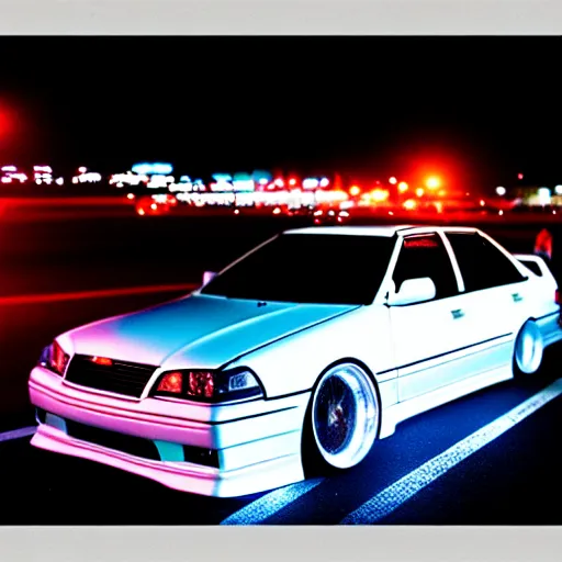 Image similar to a car JZX100 at illegal car meet, Chiba prefecture, city midnight mist lights, cinematic color, photorealistic, highly detailed, 50MM