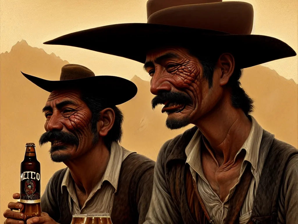 Image similar to juan caloto beer illustration of a mexican man,, with one small, dirt, wild west, with hat, drinking a beer at train station, fantasy, intricate, elegant, highly detailed, digital painting, artstation, concept art, matte, sharp focus, art by aenaluck and roberto ferri and greg rutkowski, epic, missing teeth [