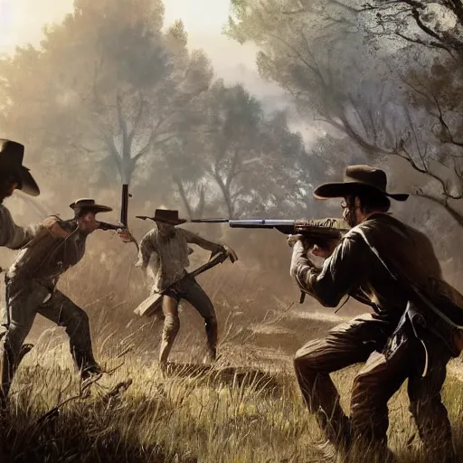 Prompt: a digital painting of a gunfight in hunt showdown, western era, hyper realistic, horror, back lighting, luisiana, in the style of greg rutkowski,