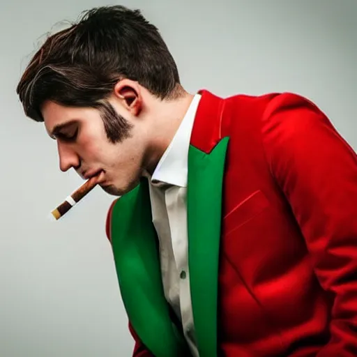 Image similar to side view head and shoulders man with dark brown hair smoking cigarettes wearing red suit with green tie dramatic moody lighting melancholy