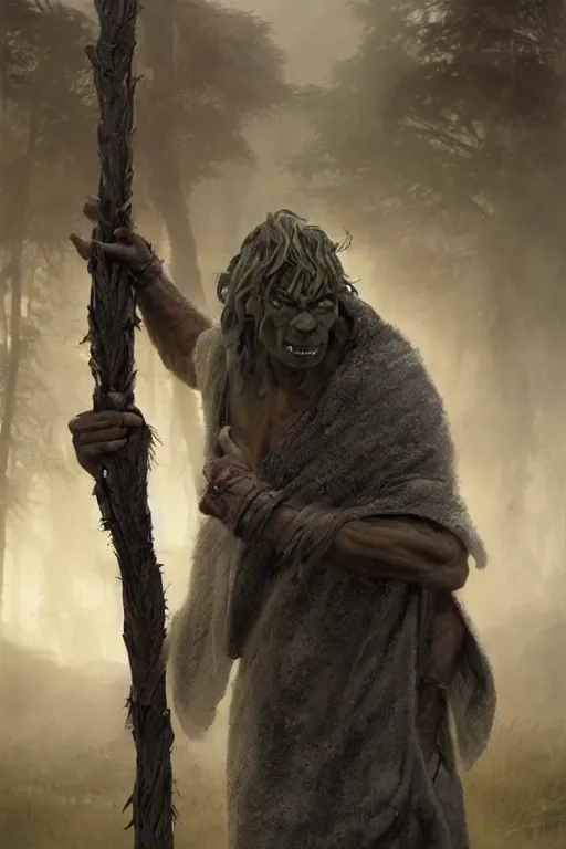 Image similar to a male orc druid, wearing a grey fur robe, holding a wooden staff in his right hand, Matte painting , detailed painting, greg rutkowski