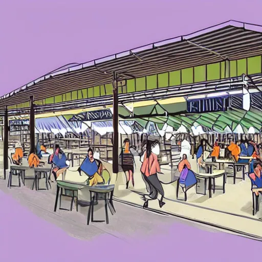 Prompt: Concept art for a hawker centre