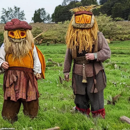 Prompt: dwarves in traditional clothes in mushroom fields put up a scarecrow from bats