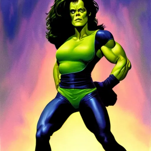 Image similar to full figure, Sigourney weaver as She-Hulk, atmospheric lighting, painted, intricate, golden hour, ultra detailed by Alex Ross