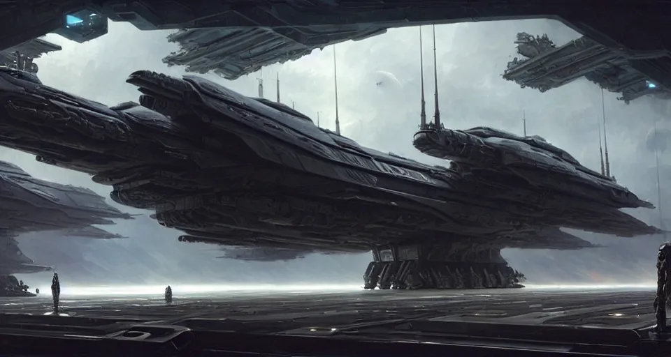 Prompt: hyper realistic sci - fi matte concept art painting of giant war machine in a cluttered starship hanger, starships in background, beautiful details, strong composition painted by kim jung guweta studio rutkowski, james gurney and greg rutkowski, and lucasfilm, smooth, intricate, detailed, sharp focus, cinematic