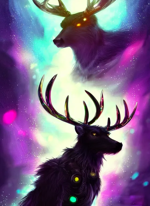 Image similar to award winning beautiful portrait commission of a male furry anthro Black Reindeer cyberpunk fursona with a tail, wings, wings, wings and a cute beautiful attractive detailed furry face wearing stylish black and rainbow galaxy clothes, outline, in a cyberpunk city at night while it rains. Character design by charlie bowater, ross tran, artgerm, and makoto shinkai, detailed, inked, western comic book art