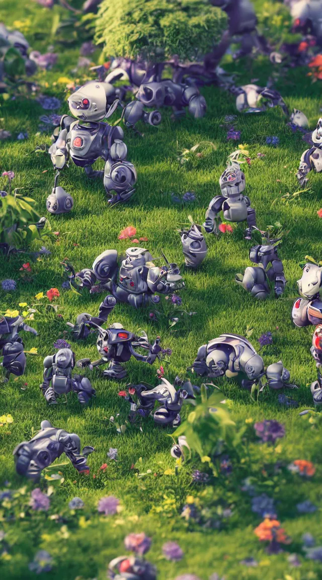 Image similar to tiny robots in a garden, hyper detailed, sharp focus, bokeh, unreal engine, ray tracing, cute, fantasy, sci fi