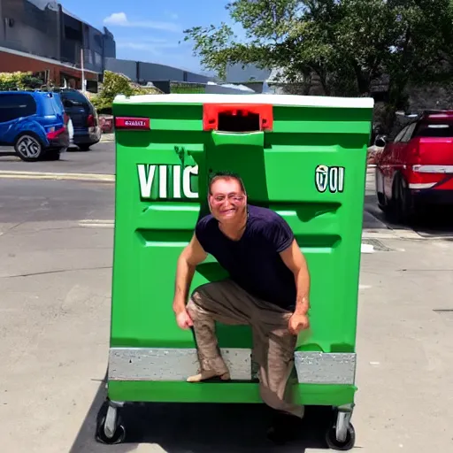 Image similar to vince the sham - wow guy living in a dumpster