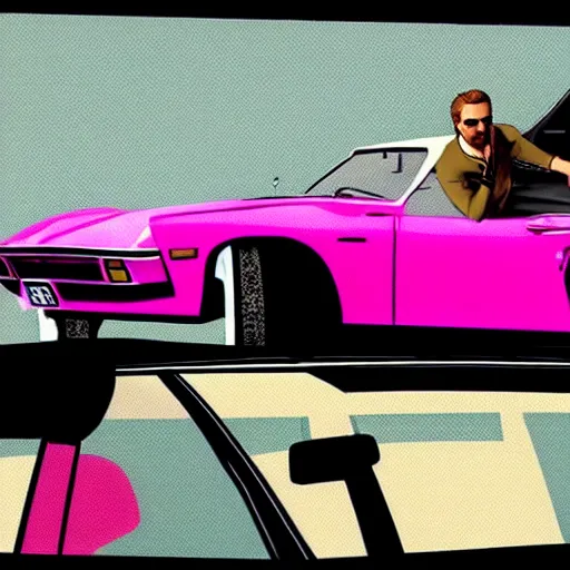 Image similar to gta v covert art by stephen bliss of ryan gosling wearing aviator sunglesses near a pink convertible car