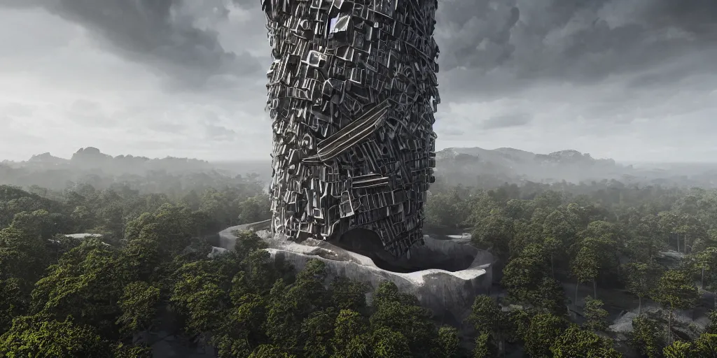 Image similar to modern brutalistic architecture tower build in the center of a huge ringed shaped mountain with forest on the top in the center of the ocean, unreal 5, hyper realistic, realistic, photorealistic, dynamic lighting, highly detailed, cinematic landscape, studio landscape, studio lighting