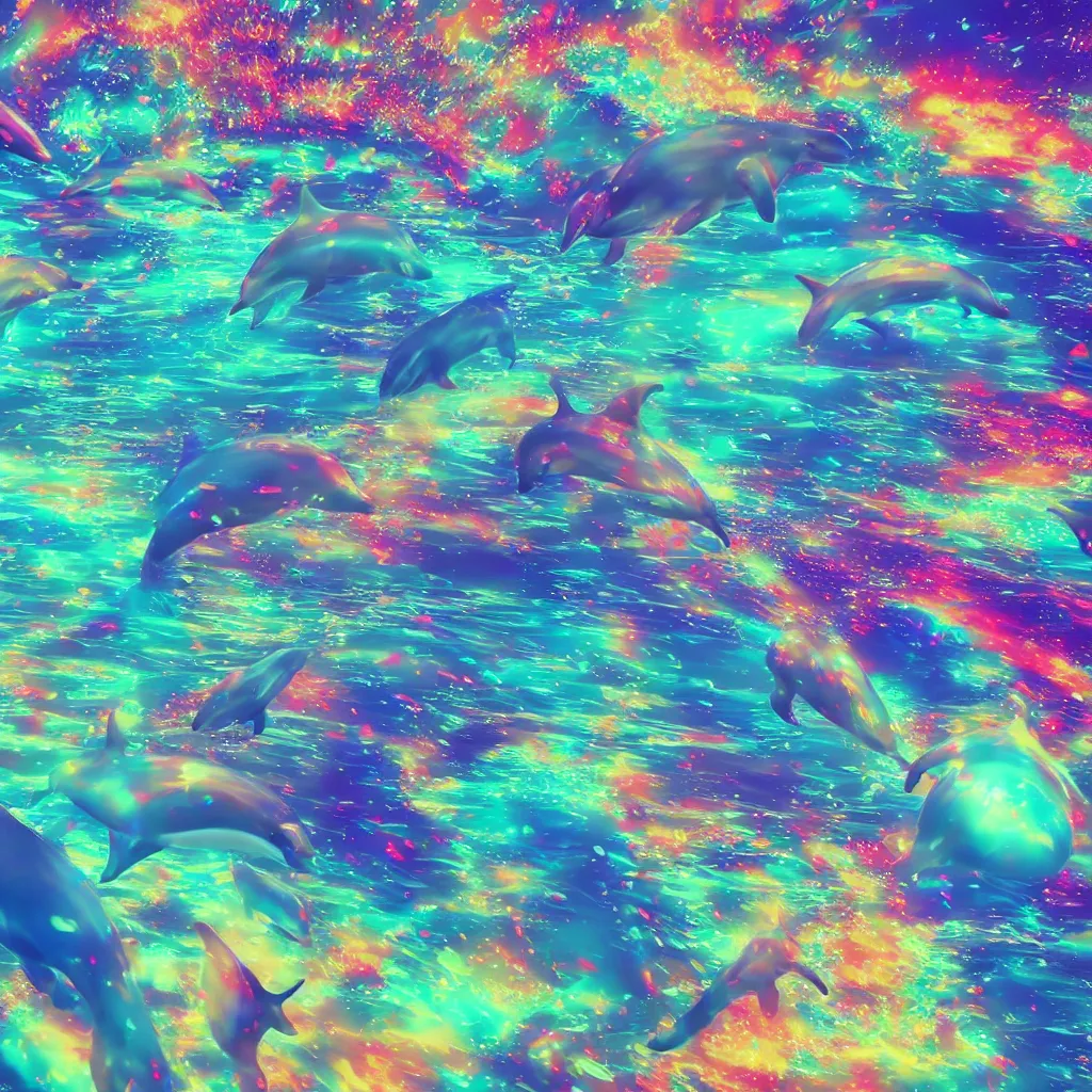 Prompt: magical psychedelic dolphins diving in dmt psychedelic universe liquid, octane render, 8k, extremely detailed