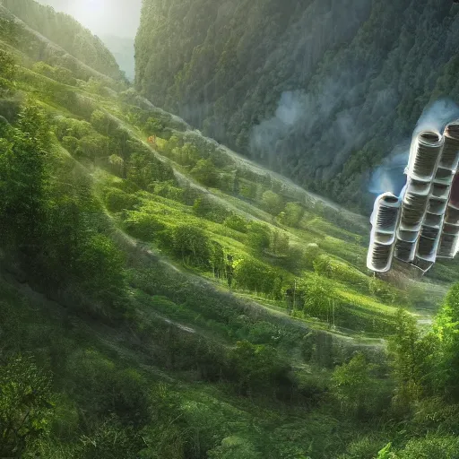 Prompt: vertical farms and white sci - fi nuclear microreactor in a steep sided valley with trees, a sense of hope and optimism, hyper realistic, high res, 4 k, warm light, edouard groult, bynde, kirill leonov