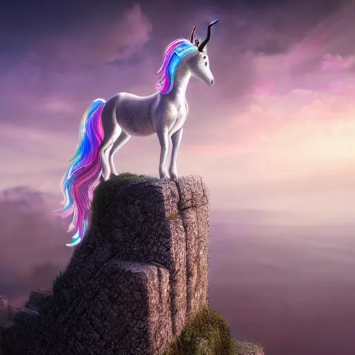 Image similar to a iridescent unicorn on a cliff overlooking a dystopian city covered in colorful toxic smog, ultra realistic, concept art, intricate details, highly detailed, photorealistic, octane render, 8 k, fantasy art, masterpiece