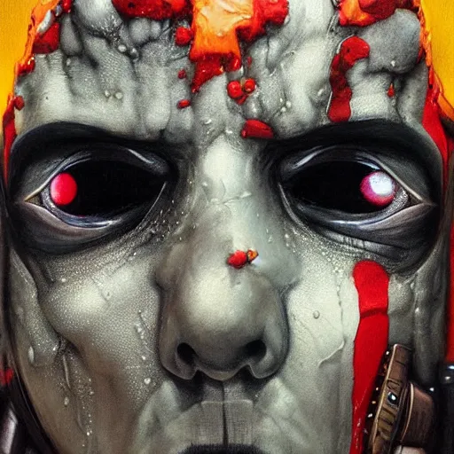 Image similar to dream portrait of Deadpool, cameras, melting ,8k,by tristan eaton,Stanley Artgermm,Tom Bagshaw,Greg Rutkowski,Carne Griffiths, Ayami Kojima, Beksinski, Giger,trending on DeviantArt,face enhance,hyper detailed,minimalist,cybernetic, android, blade runner,full of colour W 1024