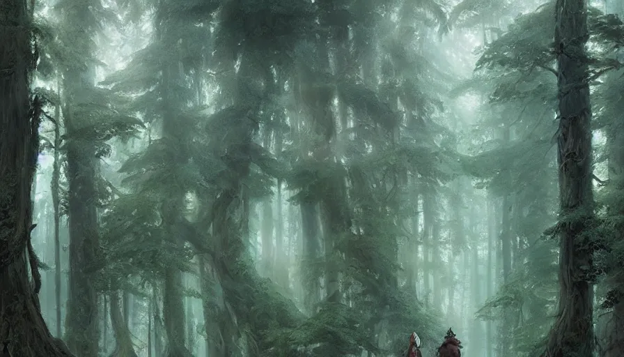 Image similar to beautiful ancient forest, matte painting, beautifully painted, beautiful lighting, enchanted forest, jeremy lipking, studio ghibli, princess mononoke