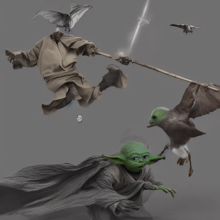 Image similar to Yoda smacking a seagull with a stick, hyperdetailed, artstation, cgsociety, 8k