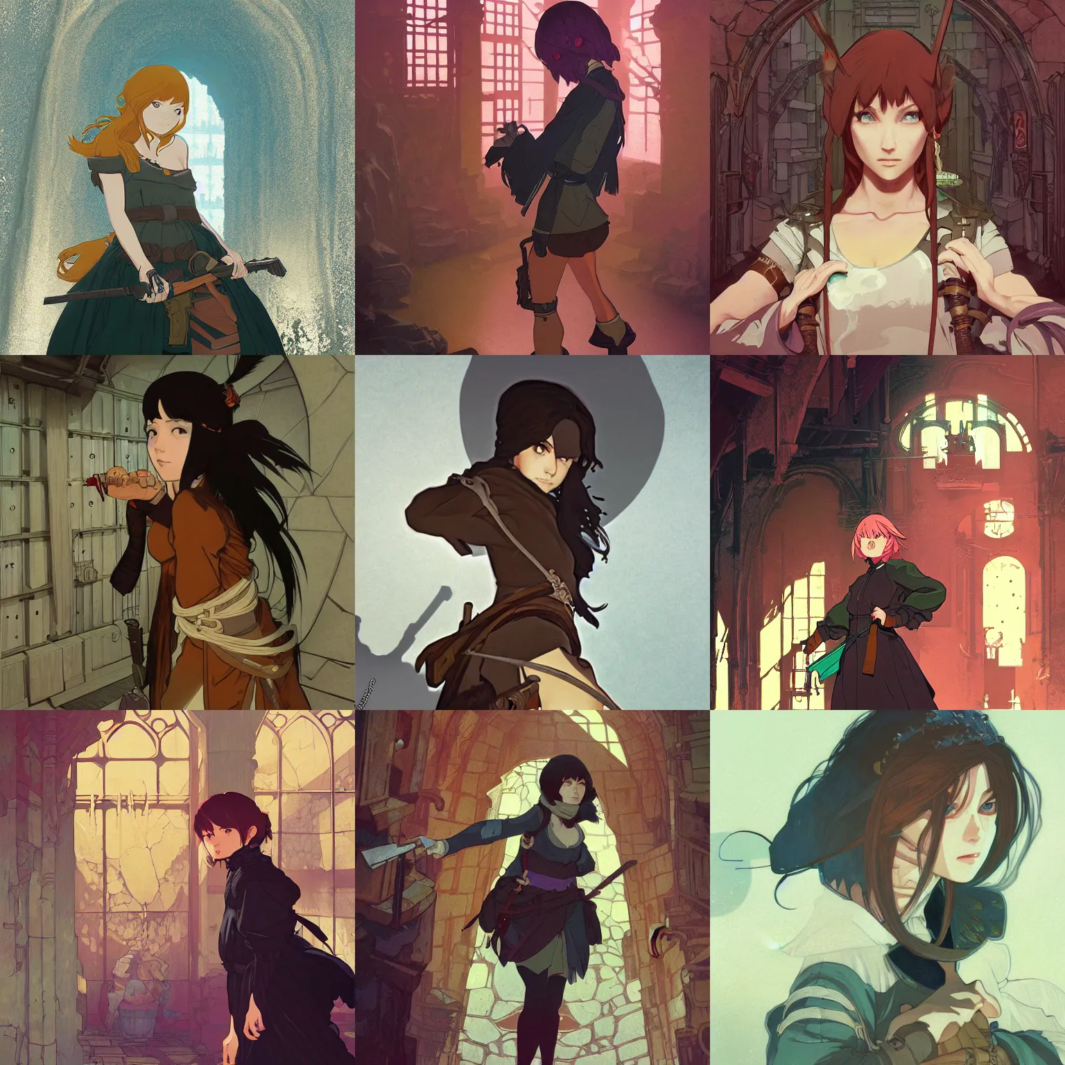 Prompt: Portrait of a female thief sneaking through a dungeon, fantasy, digital illustration, matte painting, highly detailed, artstation, concept art, official Kyoto Animation and Studio Ghibli Japanimation screenshot, by Ilya Kuvshinov and Alphonse Mucha