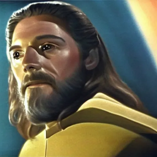 Image similar to a film still of jesus in star trek 1 9 6 6 realistic, detailed, wearing suit