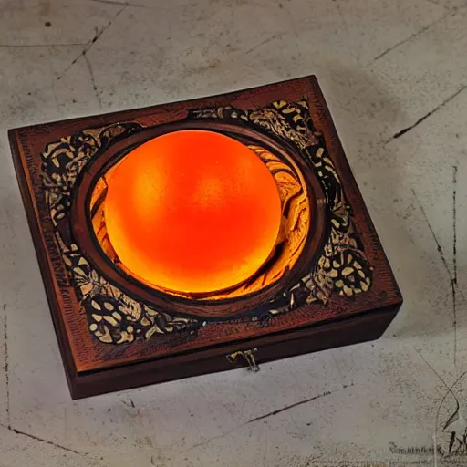 Prompt: a small arabesque carved wooden box with the lid open displaying a magic orange glowing orb inside. the box is sitting an old weathered wooden tabel top cluttered paper and magazines, hyper detail, dramatic lighting, art by samma van klaarbergen