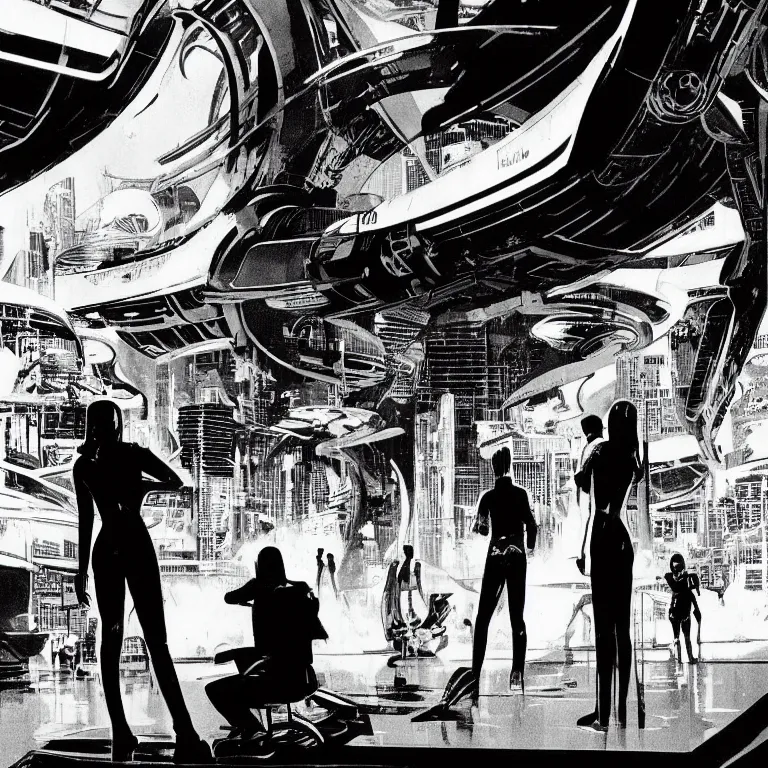 Image similar to 1970's sci-fi comic book art of silhouettes watching a large alien aquarium by Syd Mead. fancy futuristic architecture. highly detailed illustration. beautiful dark moody lighting.
