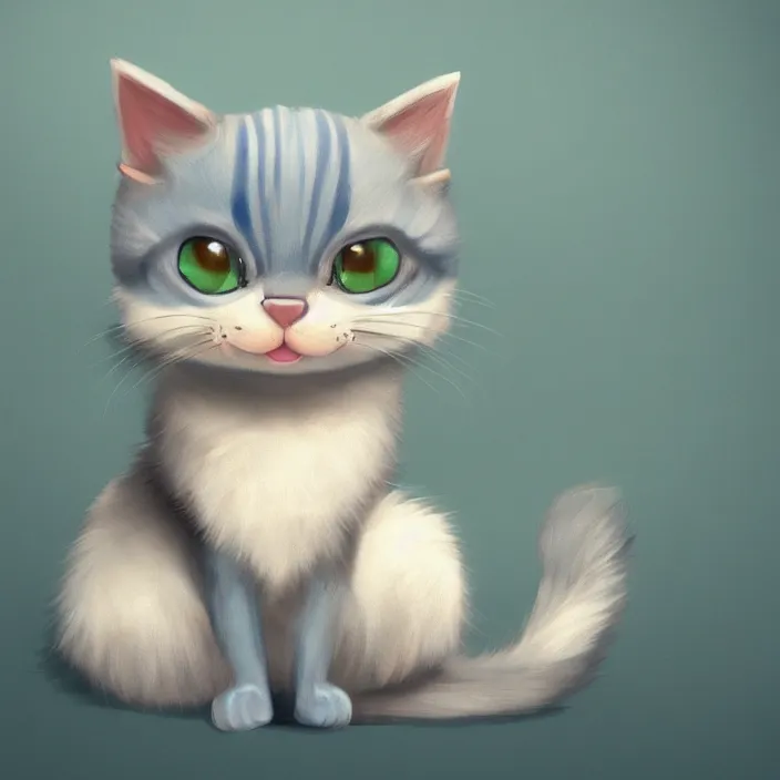 Image similar to cute cat of cheshire. an adorable cat with light blue stripes, shiny eyes and a big human like playful smile. award - winning digital art, trending on artstation