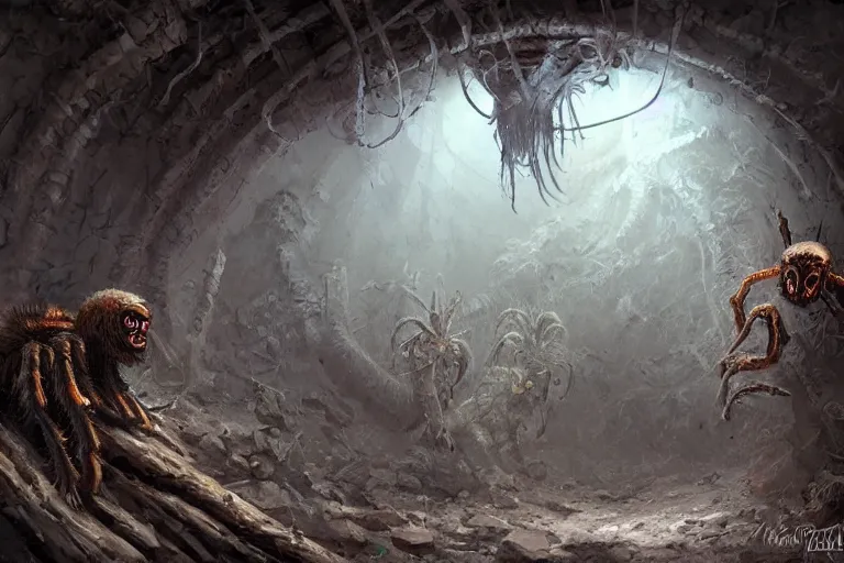 Prompt: a monstrous tarantula in a dark tunnel, cobwebs, in the style of ralph horsley, dramatic lighting, atmospheric, low angle, wide angle, hyper - realistic, concept art, highly detailed digital painting, trending on artstation