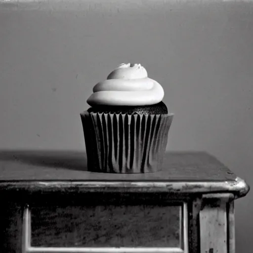 Prompt: a cupcake on an old oak desk in an empty room, photograph from 1 8 9 0