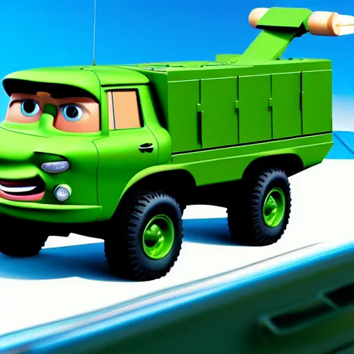 Prompt: HIMARS, Cars Pixar movie style, detailed, green