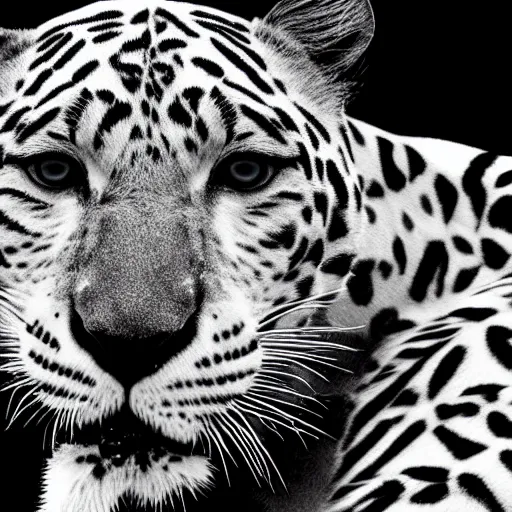 Image similar to a white leopard, black background, hyper realistic