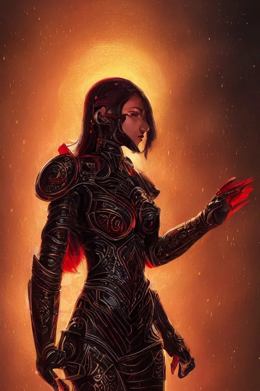 Image similar to portrait evilly knights of Zodiac girl, black and red reflected armor, in ruined Agora of Athens moon night and fire and heavy raindrop, ssci-fi, fantasy, intricate, very very beautiful, elegant, golden light, highly detailed, digital painting, artstation, concept art, smooth, sharp focus, illustration, art by tian zi and WLOP and alphonse mucha