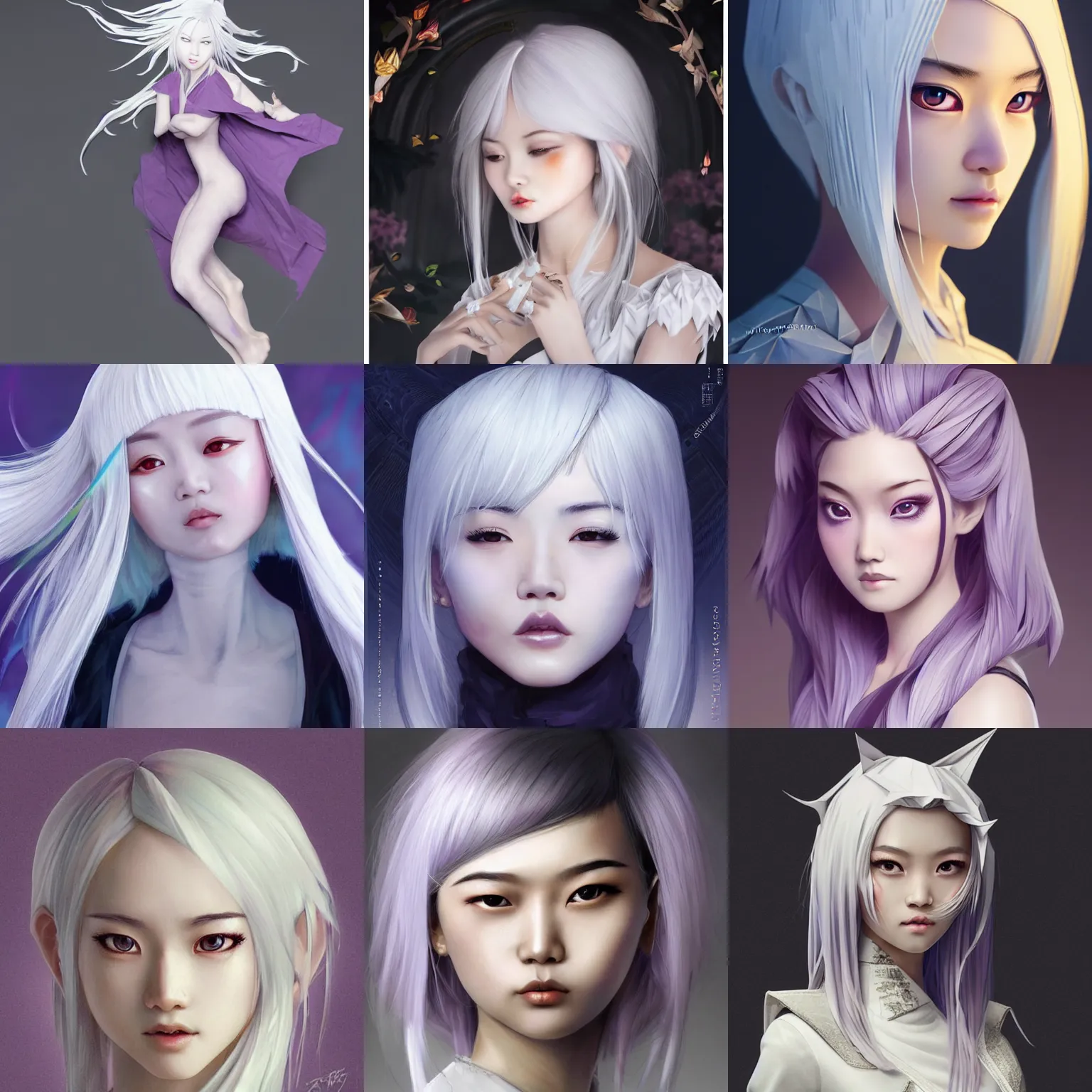 Prompt: epic asian girl made from origami, white hair, violet eyes, highly detailed, artstation, smooth, sharp focus, bright, illustration, art by Artgerm and Greg Rutkowski and Alphonse Mucha and Yuumei, good clear quality, lighting, biology, symmetrical artwork, perfect face, 135 mm, cinematic, hyper realism, glittering ice, dark, moonlight, high detail, octane render, 8k, crimson highlights