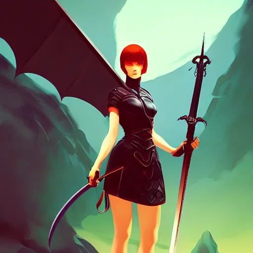 Image similar to a woman holding a sword with a dragon on it, concept art by Ilya Kuvshinov, contest winner, fantasy art, official art, concept art, high detail, experimental, high quality, 4k