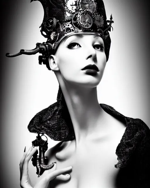Image similar to a black and white high quality dreamy photo of a young beautiful female queen-silver dragon-vegetal-flower-cyborg veiled bust with a very long steampunk cyborg neck, elegant, highly detailed, poetic, soft, dreamy, mysterious, high fashion, in the style of Horst P. Horst, Metropolis, Realistic, Refined, Digital Art, Highly Detailed, Cinematic Lighting, rim light, black and white, photo-realistic, 8K