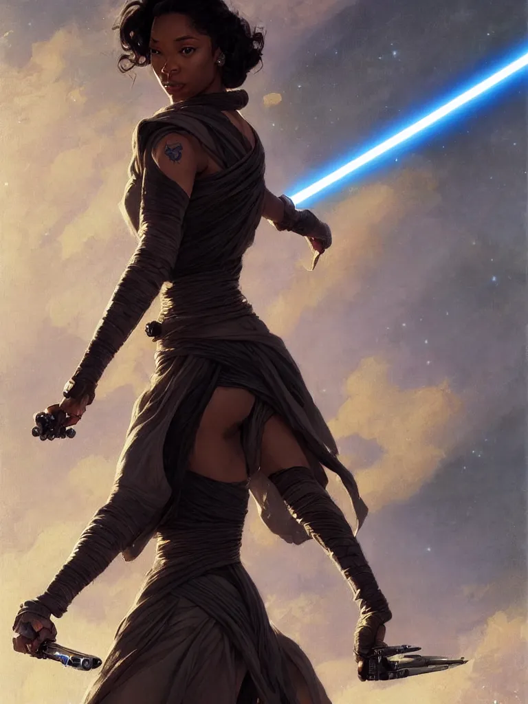 Image similar to star wars jedi master normani as aeon flux profile picture by Greg Rutkowski, dynamic pose, intricate, futuristic, fantasy, elegant, by Stanley Artgerm Lau, greg rutkowski, thomas kindkade, alphonse mucha, loish, norman Rockwell,