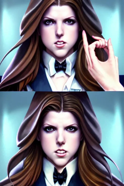 Image similar to ultra realistic, beautiful Anna Kendrick Zatanna DC Comics, full body, floating, on stage, symmetrical face symmetrical eyes, modern anime, fantasy, eerie, intricate details, atmospheric, elegant, super highly detailed, professional digital painting, artstation, concept art, 8k, art by artgerm and eiichiro oda and koyoharu gotouge