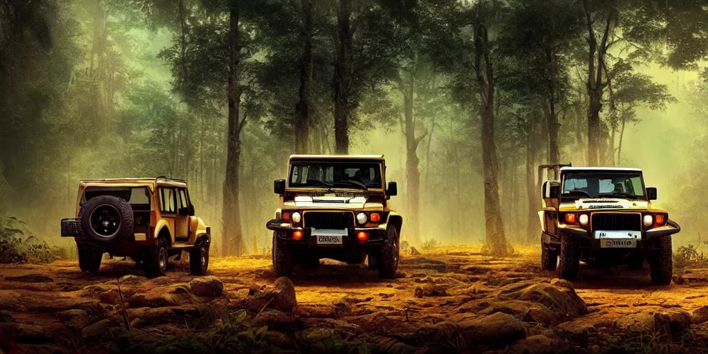 Image similar to Mahindra thar, in kerala forest, tigers and lions chasing, action scene, an epic fantasy, dramatic lighting, cinematic, establishing shot, extremely high detail, photorealistic, cinematic lighting, matte painting, artstation, by simon stalenhag, horizon forbideen west