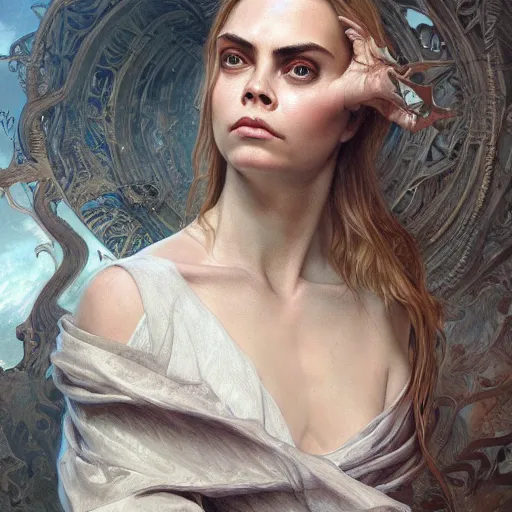 Image similar to Cara Delevigne, physically accurate, dynamic lighting, intricate, elegant, highly detailed, digital painting, artstation, HR GIGER, Hieronymus Bosch, Francis Bacon, concept art, smooth, sharp focus, illustration, art by artgerm and greg rutkowski and alphonse mucha