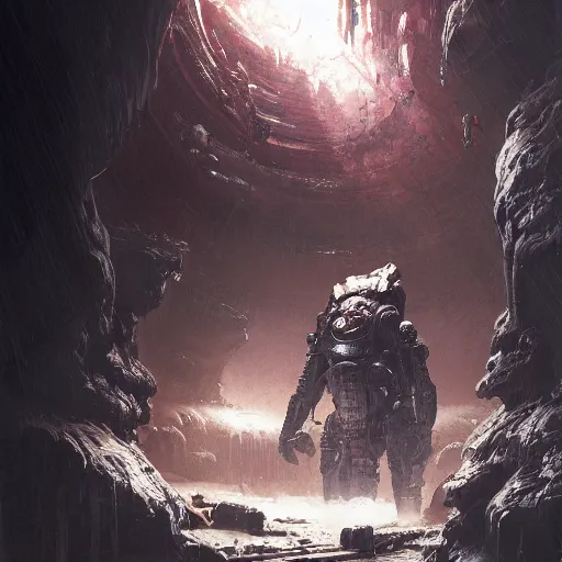 Image similar to scifi art by Greg Rutkowski, a person infected with a kind of reddish sienum that is sprouting from all over his body, violent and vicious appearance, dressed in a futuristic mining space suit, claustrophobic science fiction setting inside a desolate space colony, detailed and intricate environment, high technology, digital painting, artstation, concept art, smooth, sharp foccus ilustration, Artstation HQ.