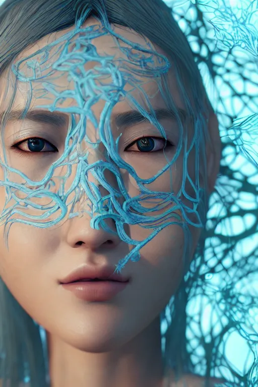 Image similar to intricate highly detailed face portrait of asian - european woman, light blue water vines on her face, intricate, cgsociety, unreal engine, octane render, sharp focus, smooth, volumetric lighting, cinematic composition, artstation