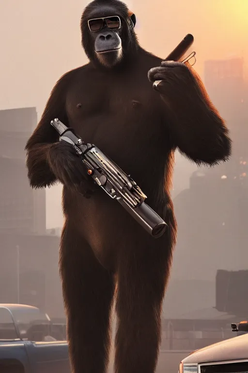 Prompt: an ape wearing full suit and holding a machine gun on his shoulder, wearing sunglasses and smoking a big cigar, 8k hyper realistic, sunset, gta v street style, 1980 cars, smokes and fog with cinematic lighting and volumetric rays, fine art, artstation, matte painting, masterpiece by vasnetsov
